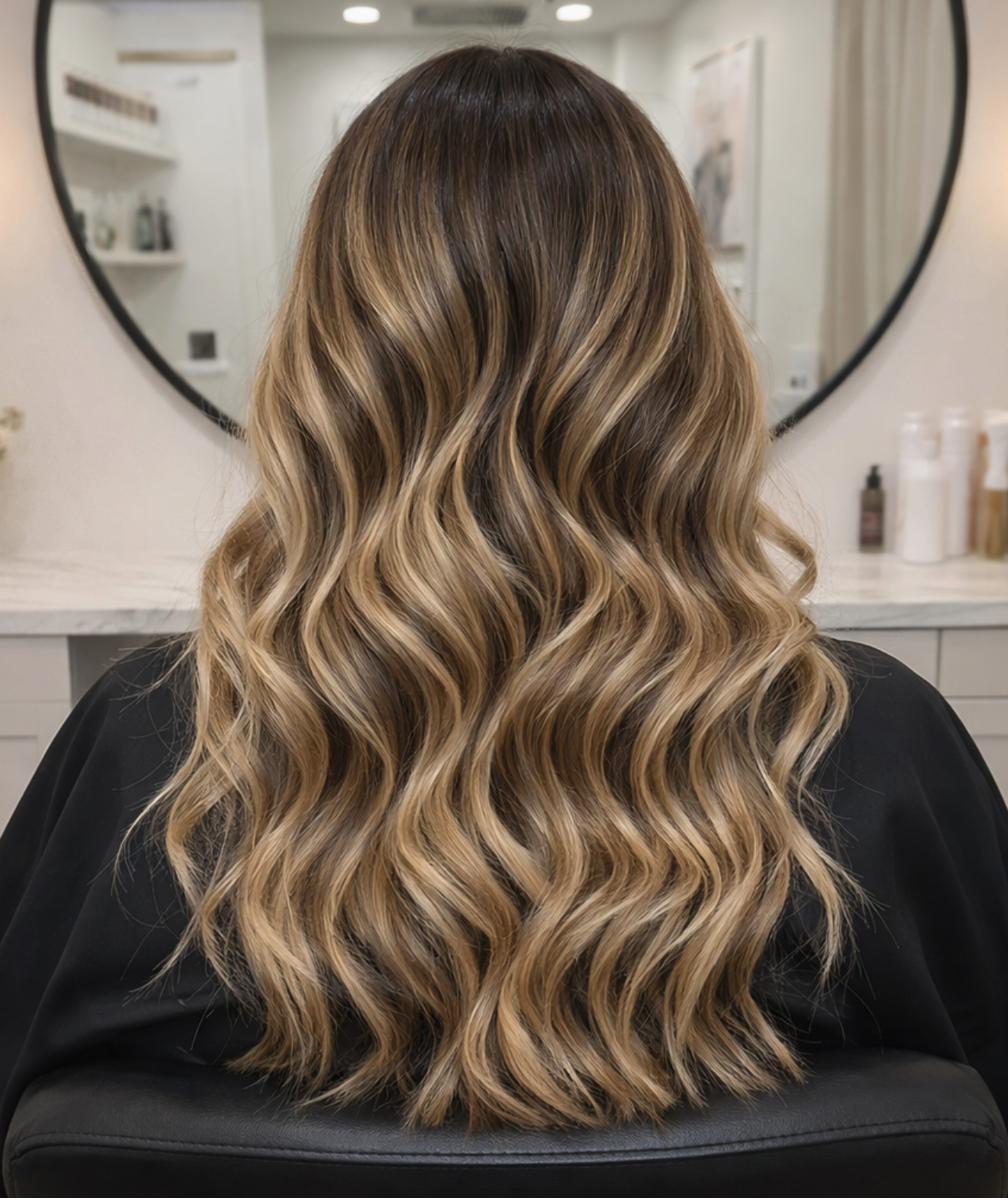 Balayage hermoso en ondas castañas