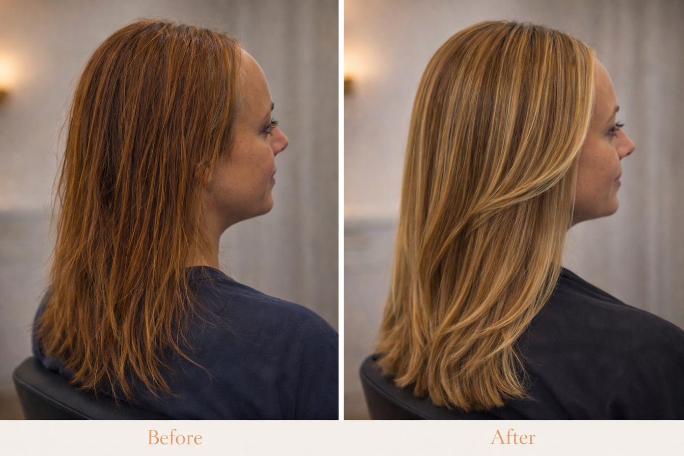 Reflejos azul vivo en cabello castaño largo, antes y después en Curly Hair Concierge. Antes: textura natural con reflejos azules colocados. Después: acabado liso y peinado con los reflejos azules atrapando la luz.