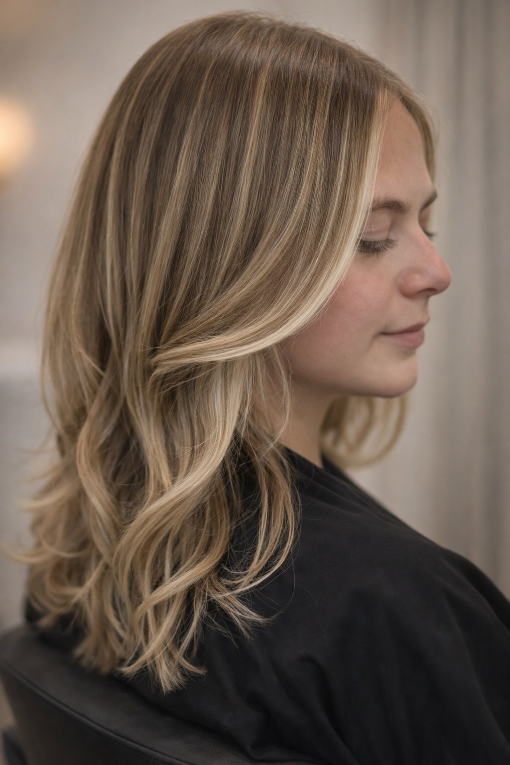 Balayage castaño largo con dimensión rubia, ondas peinadas